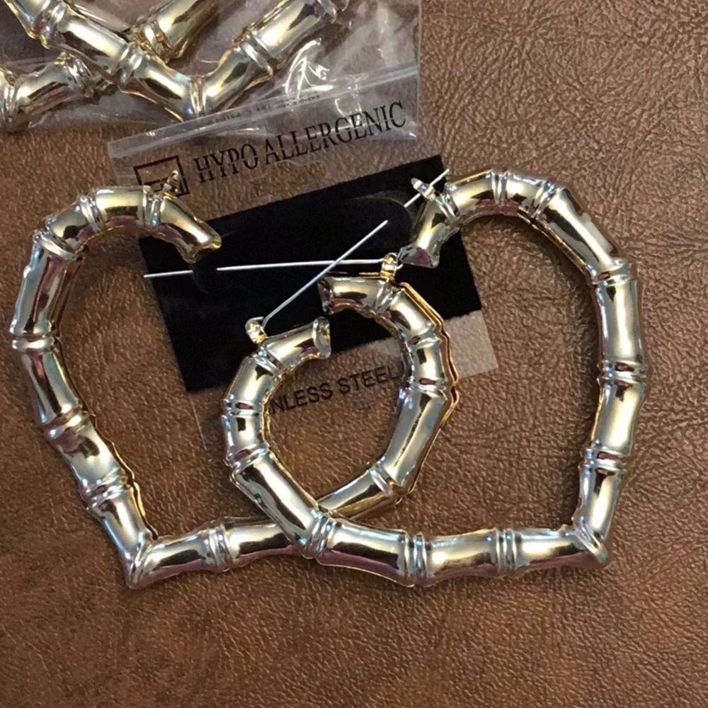 HEART BAMBOO HEART HOOP EARRINGS SOLID SHINY GOLD OR SILVER TONE 2 INCH